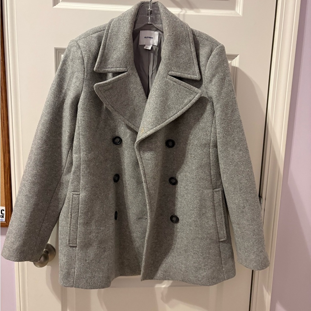 Old Navy Light Gray Wool Coat with Black Buttons